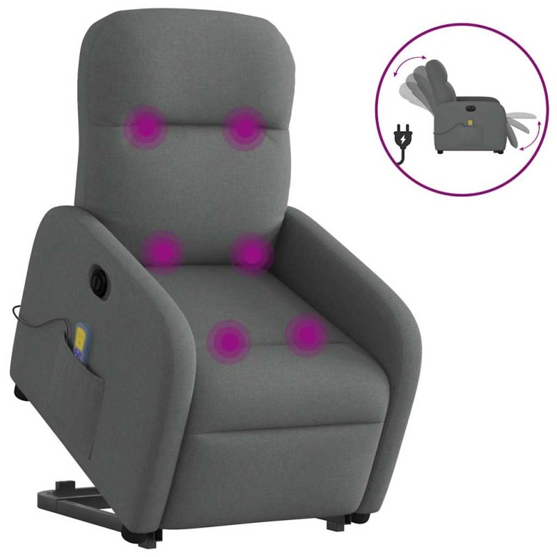 vidaXL Poltrona Alzapersona Massaggi Elettrica Grigio Scuro Tessuto