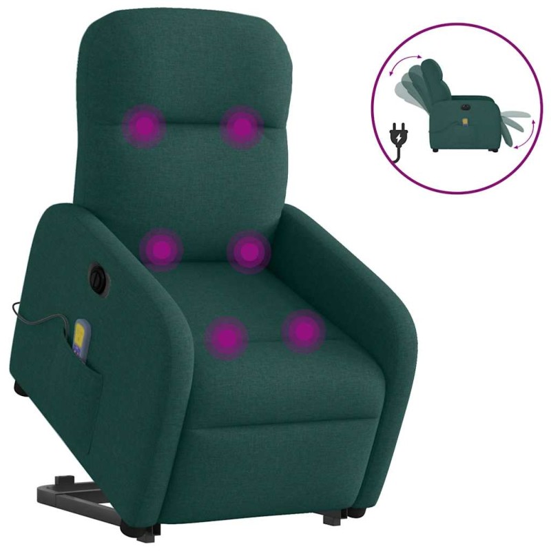 vidaXL Poltrona Alzapersona Massaggiante Elettrica Verde Scuro Tessuto