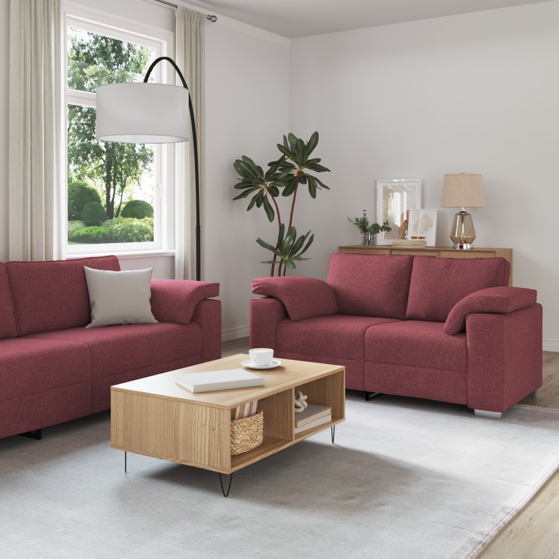 Set divano 2 pezzi con cuscini in tessuto rosso vino