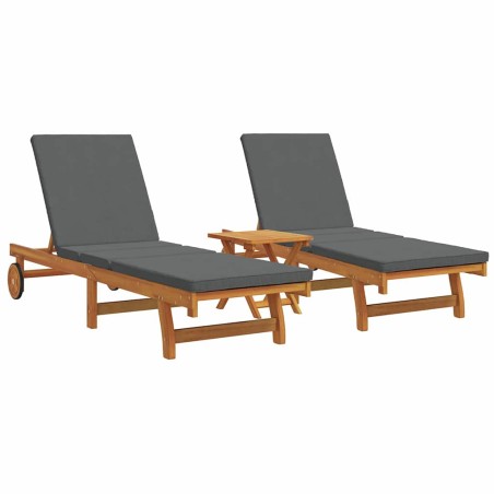 Sdraio con Ruote vidaXL 2 pz con Tavolo e Cuscino in Legno Massello d'Acacia