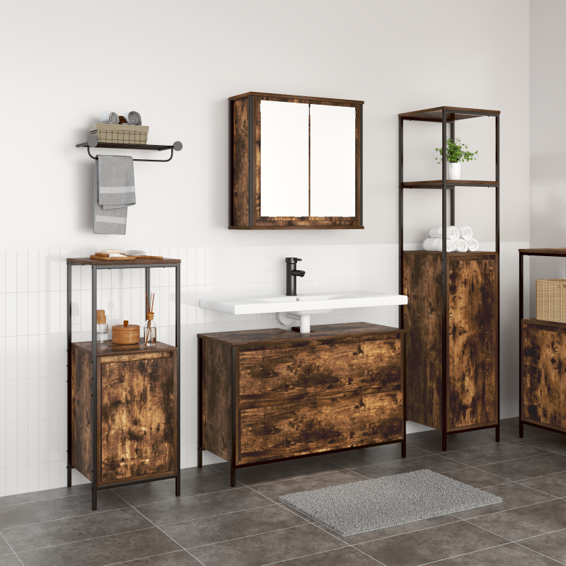 Set di mobili per bagno 3 pezzi in rovere fumé in legno ingegnerizzato Set di mobili per bagno 3 pezzi in rovere fumé in legno ingegnerizzato