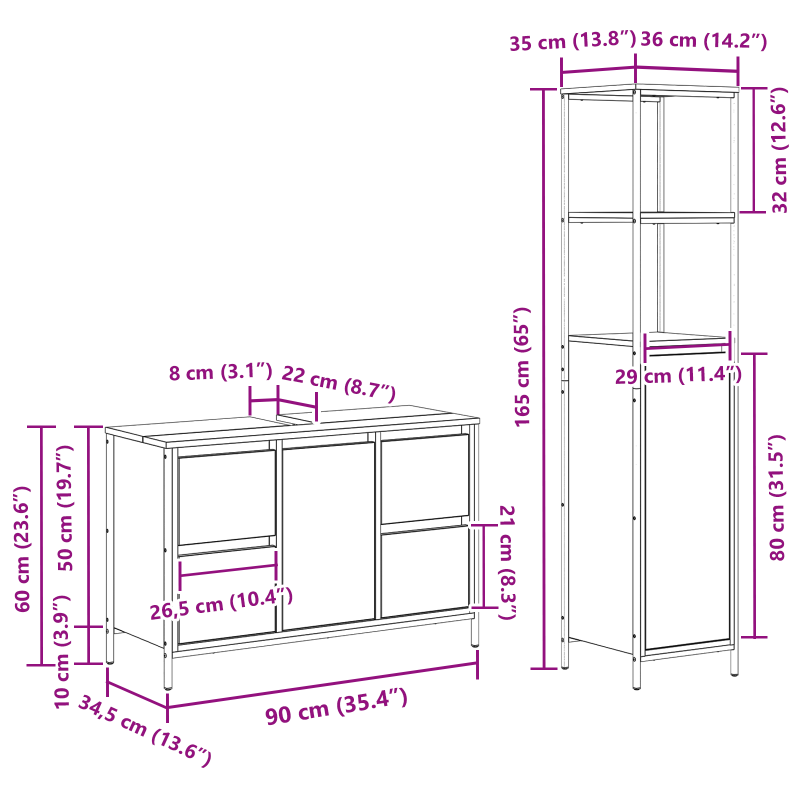 Set di mobili da bagno a 2 pezzi in rovere affumicato in legno ingegnerizzato Set di mobili da bagno a 2 pezzi in rovere affumicato in legno ingegnerizzato