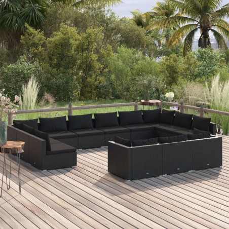 Set Divani da Giardino 13 pz con Cuscini in Polyrattan Nero