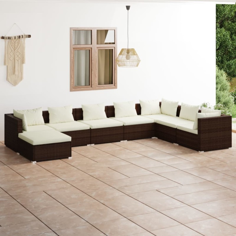 Set Divani da Giardino 8 pz con Cuscini in Polyrattan Marrone Set Divani da Giardino 8 pz con Cuscini in Polyrattan Marrone
