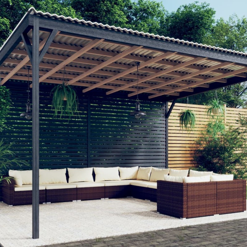 Set Divani da Giardino 10 pz con Cuscini in Polyrattan Marrone Set Divani da Giardino 10 pz con Cuscini in Polyrattan Marrone