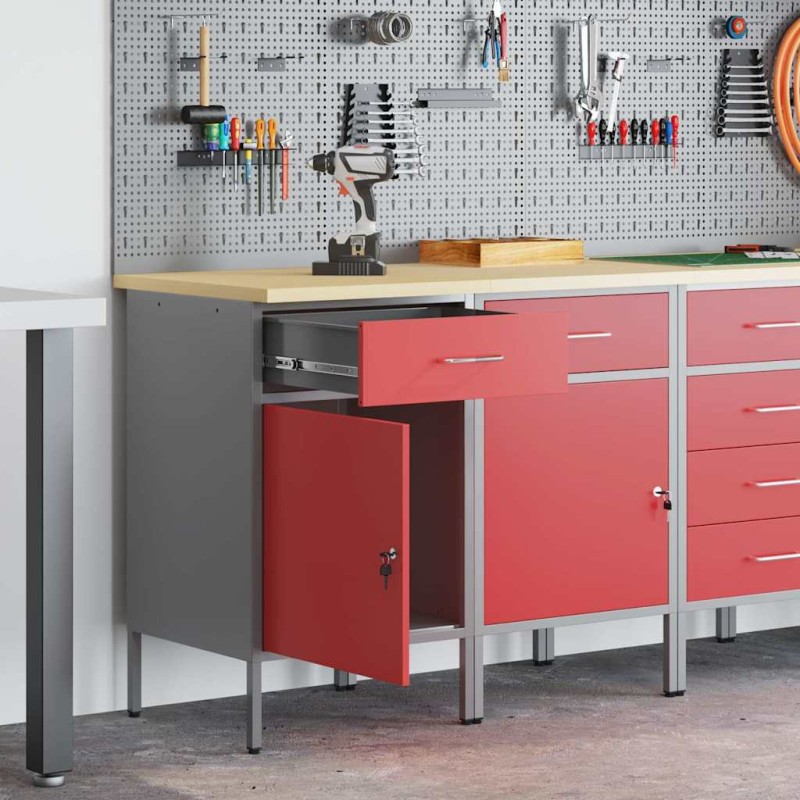 Banco da lavoro vidaXL 2 pezzi Rosso e Grigio in legno ingegnerizzato e acciaio Banco da lavoro vidaXL 2 pezzi Rosso e Grigio in legno ingegnerizzato e acciaio