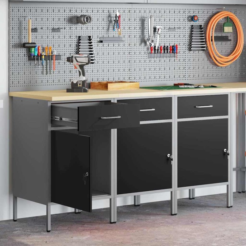 Set di mobili da lavoro vidaXL 3 pezzi Nero e Grigio in legno ingegnerizzato e acciaio Set di mobili da lavoro vidaXL 3 pezzi Nero e Grigio in legno ingegnerizzato e acciaio