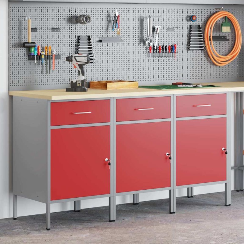 Armadio da lavoro vidaXL 3 pezzi Rosso e Grigio in legno ingegnerizzato e acciaio Armadio da lavoro vidaXL 3 pezzi Rosso e Grigio in legno ingegnerizzato e acciaio