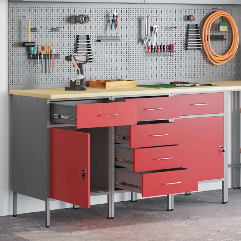 vidaXL Set di 3 Armadietti da Lavoro Rosso e Grigio in Legno Ingegnerizzato e Acciaio