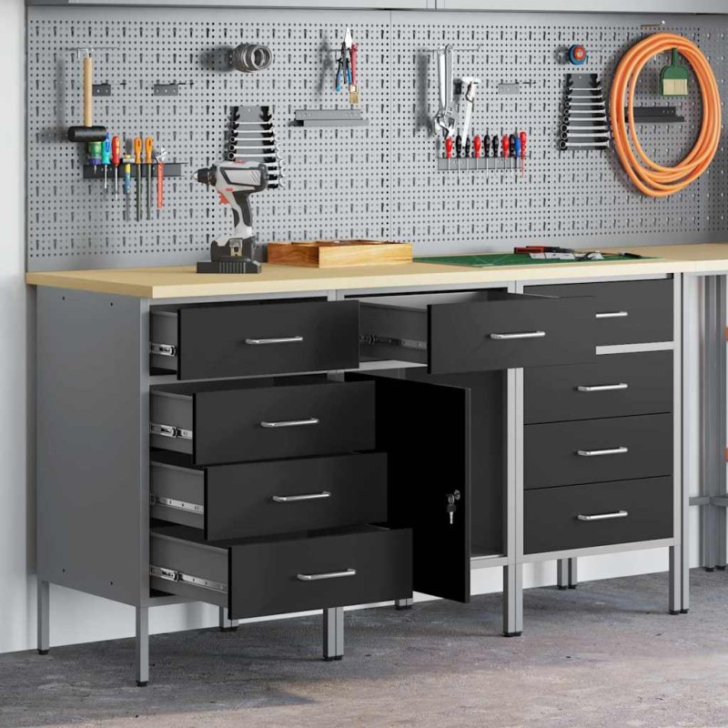 Set di armadi da lavoro 3 pezzi vidaXL in legno ingegnerizzato e acciaio, nero e grigio