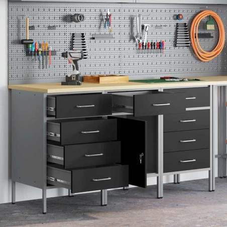 Set di armadi da lavoro 3 pezzi vidaXL in legno ingegnerizzato e acciaio, nero e grigio