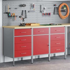 Set di armadietti da lavoro 3 pezzi rosso e grigio in legno ingegnerizzato e acciaio