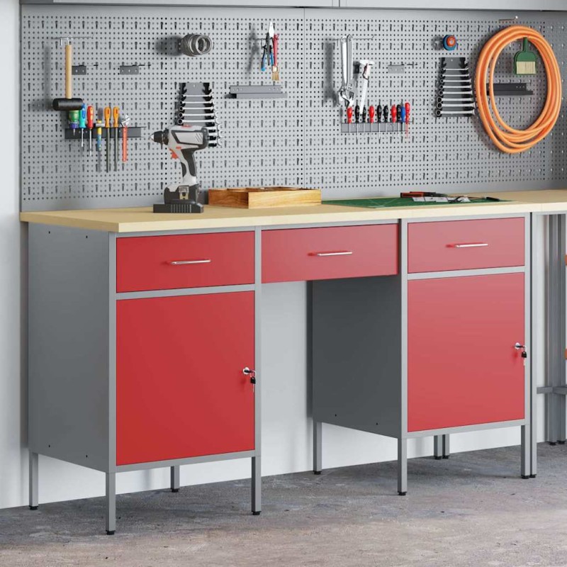Set armadi e tavolo da lavoro 3 pezzi vidaXL in legno ingegnerizzato e acciaio rosso