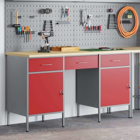 Set armadi e tavolo da lavoro 3 pezzi vidaXL in legno ingegnerizzato e acciaio rosso