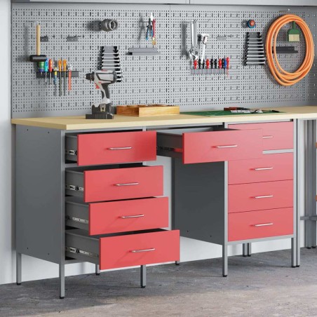 Set Armadio e Tavolo 3 Pezzi vidaXL Rosso in Legno Ingegnerizzato e Acciaio