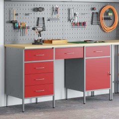Set Armadio e Tavolo da Lavoro 3 Pezzi vidaXL Rosso in Legno Ingegnerizzato e Acciaio