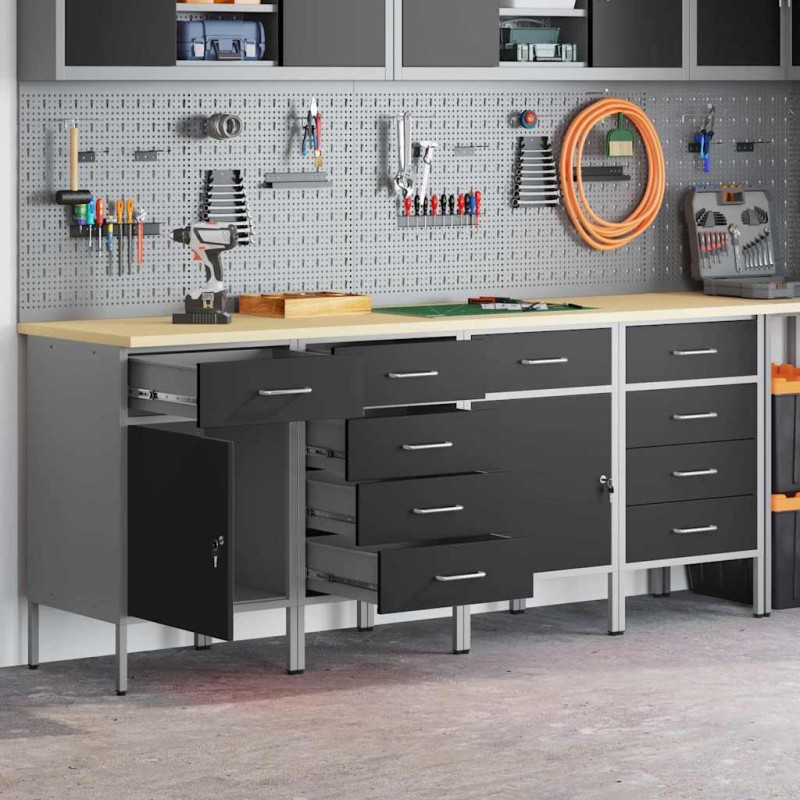 Set di Armadi da Lavoro vidaXL in 4 Pezzi Nero e Grigio in Legno Ingegnerizzato e Acciaio