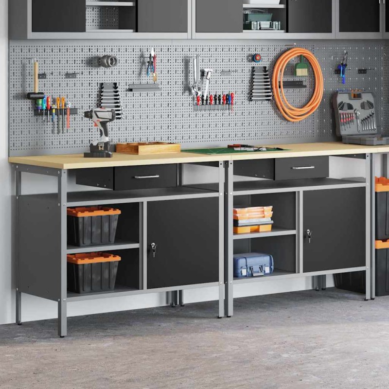 Set di 2 Banchi da Lavoro in Acciaio Nero vidaXL