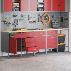 Set di Armadietti da Lavoro e Tavolo Angolare Rosso in Legno Ingenerizzato - 5 Pezzi