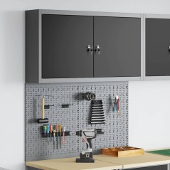 Set di armadietti e pannello attrezzi da parete in metallo nero a 3 pezzi