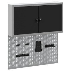 Set di armadietti e pannello attrezzi da parete in metallo nero a 3 pezzi