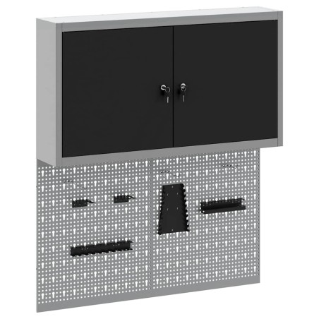 Set di armadietti e pannello attrezzi da parete in metallo nero a 3 pezzi