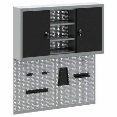 Set di armadietto attrezzi e pannello perforato da 3 pezzi montato a parete in metallo nero