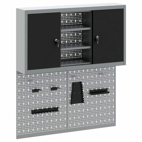 Set di armadietto attrezzi e pannello perforato da 3 pezzi montato a parete in metallo nero