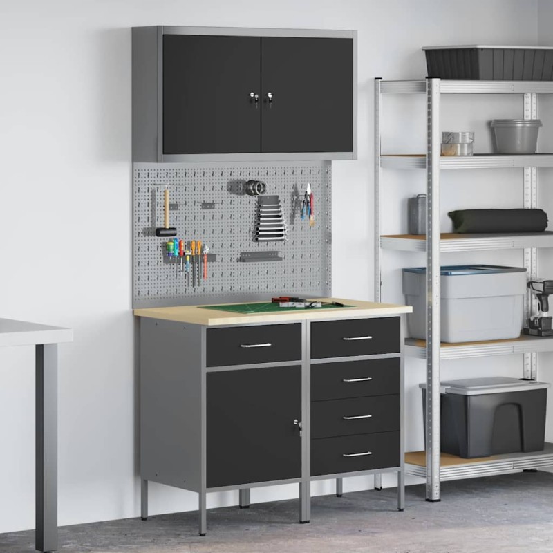 vidaXL Set di Banchi da Lavoro da 5 Pezzi in Acciaio Nero vidaXL Set di Banchi da Lavoro da 5 Pezzi in Acciaio Nero