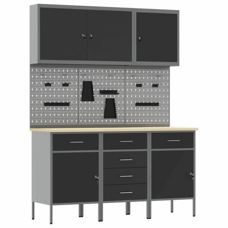 Set di armadi da lavoro e pannelli pegboard neri in MDF e metallo da 8 pezzi