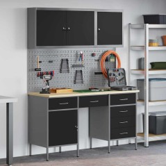 vidaXL Set da lavoro con armadio e pegboard 8 pezzi nero in MDF e metallo