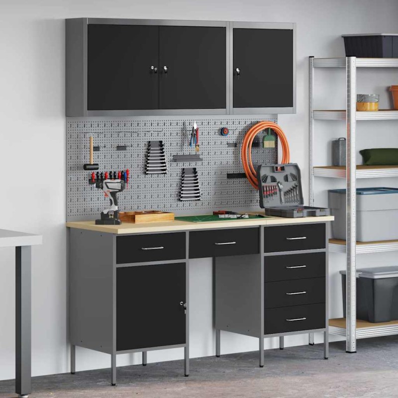 vidaXL Set da lavoro con armadio e pegboard 8 pezzi nero in MDF e metallo vidaXL Set da lavoro con armadio e pegboard 8 pezzi nero in MDF e metallo