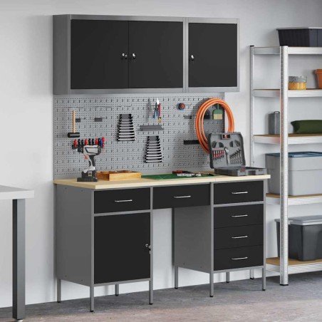 vidaXL Set da lavoro con armadio e pegboard 8 pezzi nero in MDF e metallo