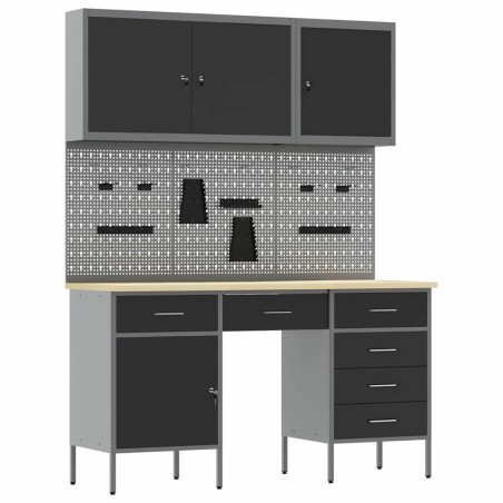 vidaXL Set da lavoro con armadio e pegboard 8 pezzi nero in MDF e metallo