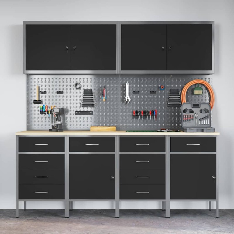 Set di 10 pezzi di armadietti e pannelli pegboard vidaXL in MDF e Metallo Nero Set di 10 pezzi di armadietti e pannelli pegboard vidaXL in MDF e Metallo Nero