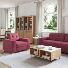 Set divano 3 pezzi con cuscini rosso vino in tessuto