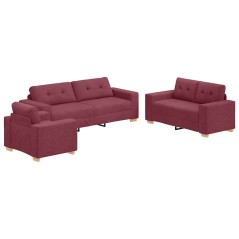 Set divano 3 pezzi con cuscini rosso vino in tessuto