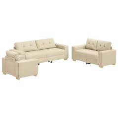 Set Divano 3 Pezzi con Cuscini in Tessuto Crema