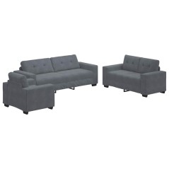 Set Divano a 3 Pz con Cuscini in Velluto Grigio Scuro