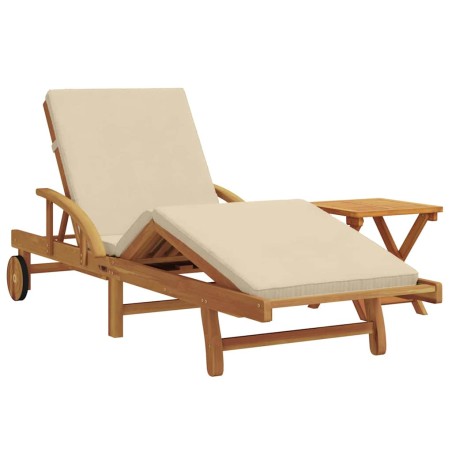 vidaXL Sdraio con cuscino e tavolo beige in legno massello di acacia