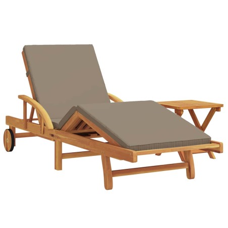 vidaXL Lettino da sole con cuscino e tavolo in legno massello di acacia color tortora
