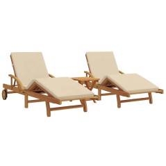 vidaXL Lettini da 2 pezzi con cuscini e tavolo beige in legno massello di acacia.