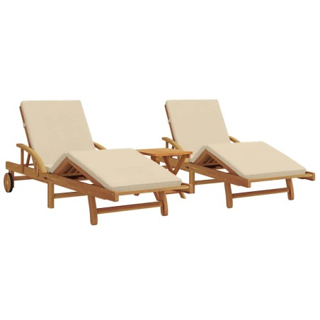 vidaXL Lettini da 2 pezzi con cuscini e tavolo beige in legno massello di acacia.
