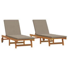 vidaXL Lettini da Sole 2 pezzi con ruote e cuscino in legno massello di acacia