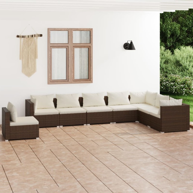 Set Divani da Giardino 8 pz con Cuscini in Polyrattan Marrone Set Divani da Giardino 8 pz con Cuscini in Polyrattan Marrone