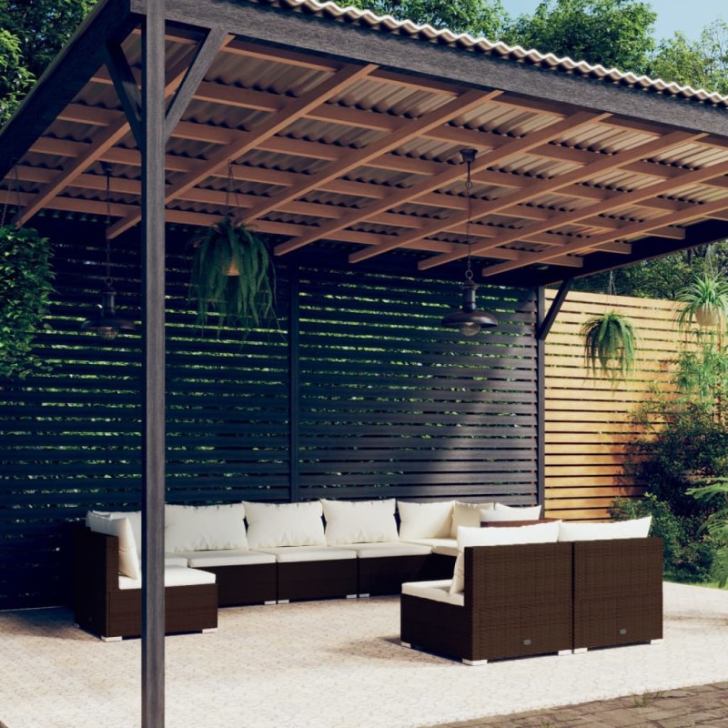 Set Divani da Giardino 9 pz con Cuscini in Polyrattan Marrone Set Divani da Giardino 9 pz con Cuscini in Polyrattan Marrone