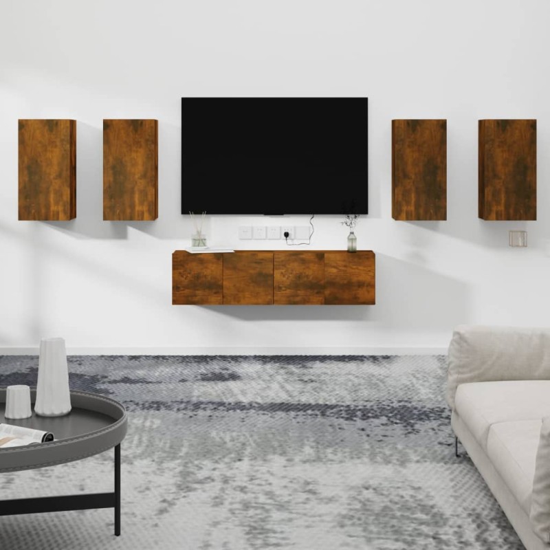 Set di Mobili Porta TV 6 pz Rovere Fumo in Legno Multistrato Set di Mobili Porta TV 6 pz Rovere Fumo in Legno Multistrato
