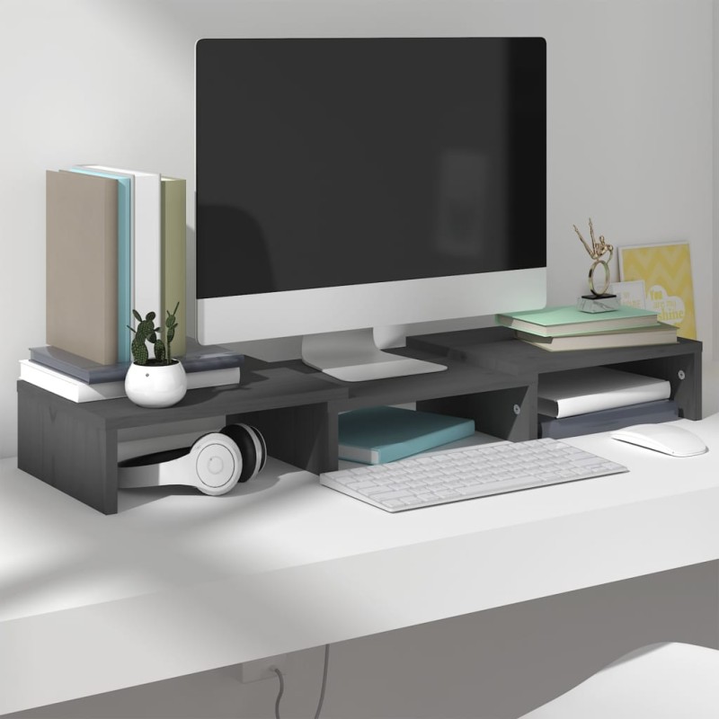 Supporto per Monitor Grigio 60x24x10,5cm Legno Massello di Pino Supporto per Monitor Grigio 60x24x10,5cm Legno Massello di Pino