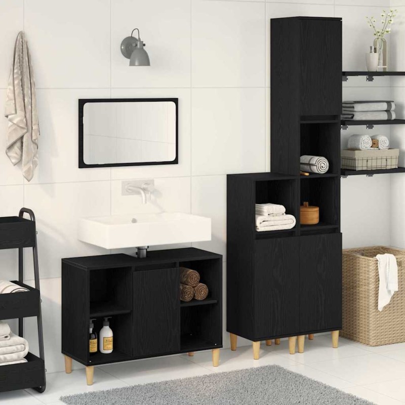 Set di Mobili da Bagno da 3 Pezzi vidaXL in Rovere Nero Legno Ingegnerizzato