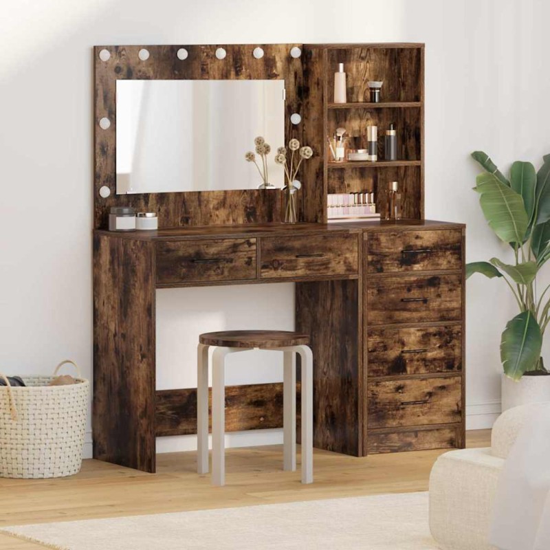 Set da toeletta 2 pezzi con LED in legno ingegnerizzato rovere affumicato Set da toeletta 2 pezzi con LED in legno ingegnerizzato rovere affumicato